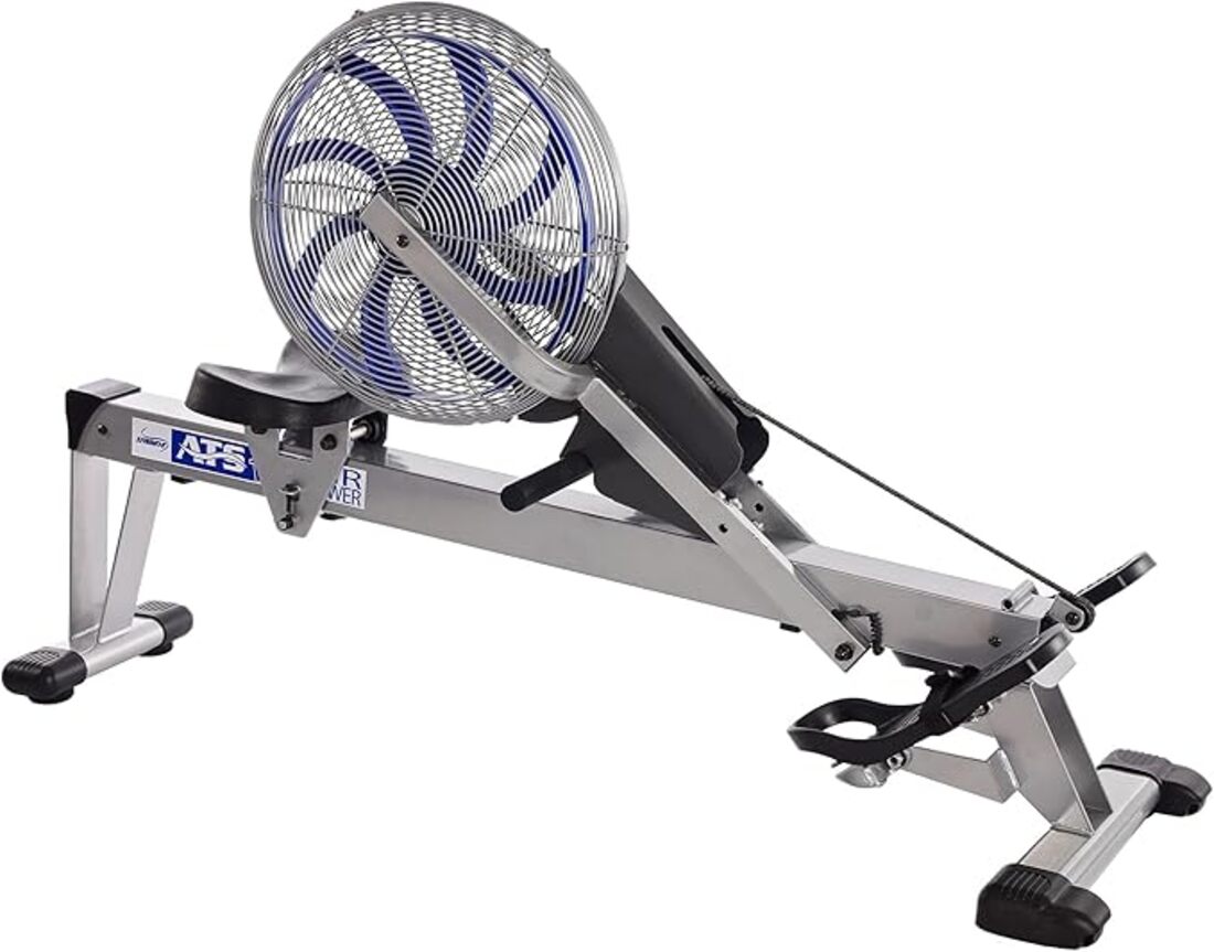 Close-up image of a rowing machine with a visible fan mechanism