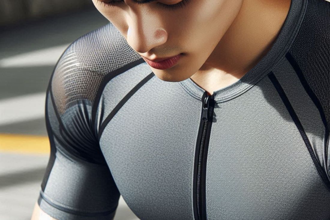 Close-up of a person wearing moisture-wicking workout clothing