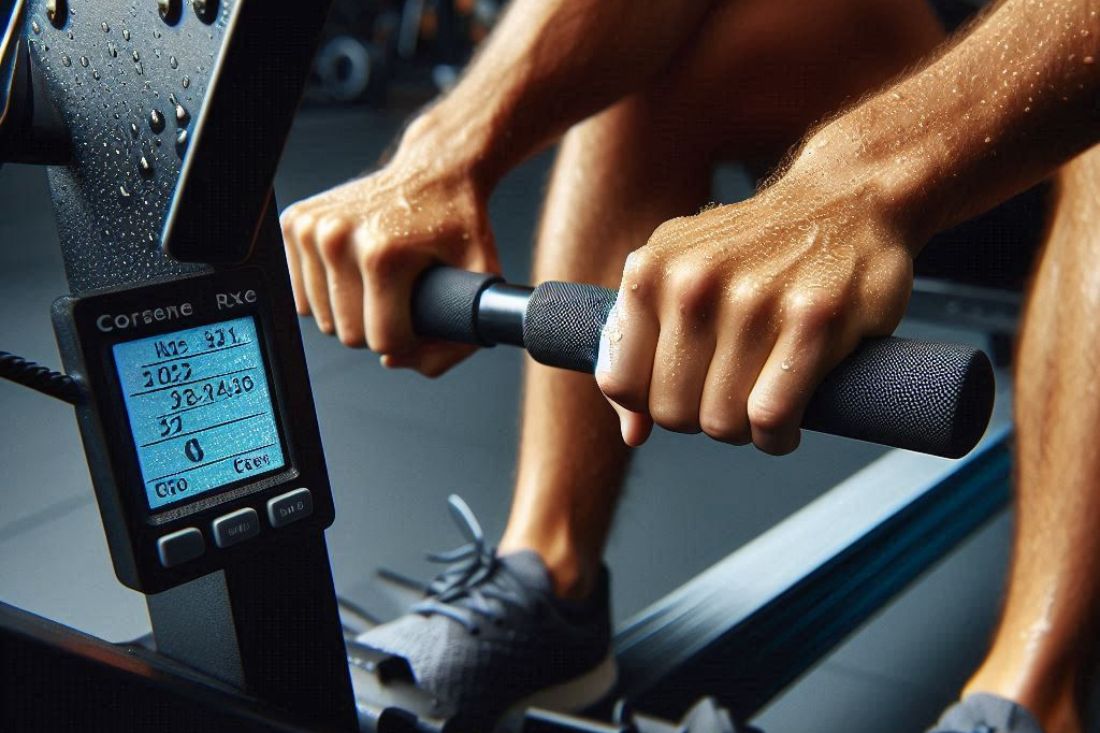 Close-up of sweat-resistant rowing machine handles