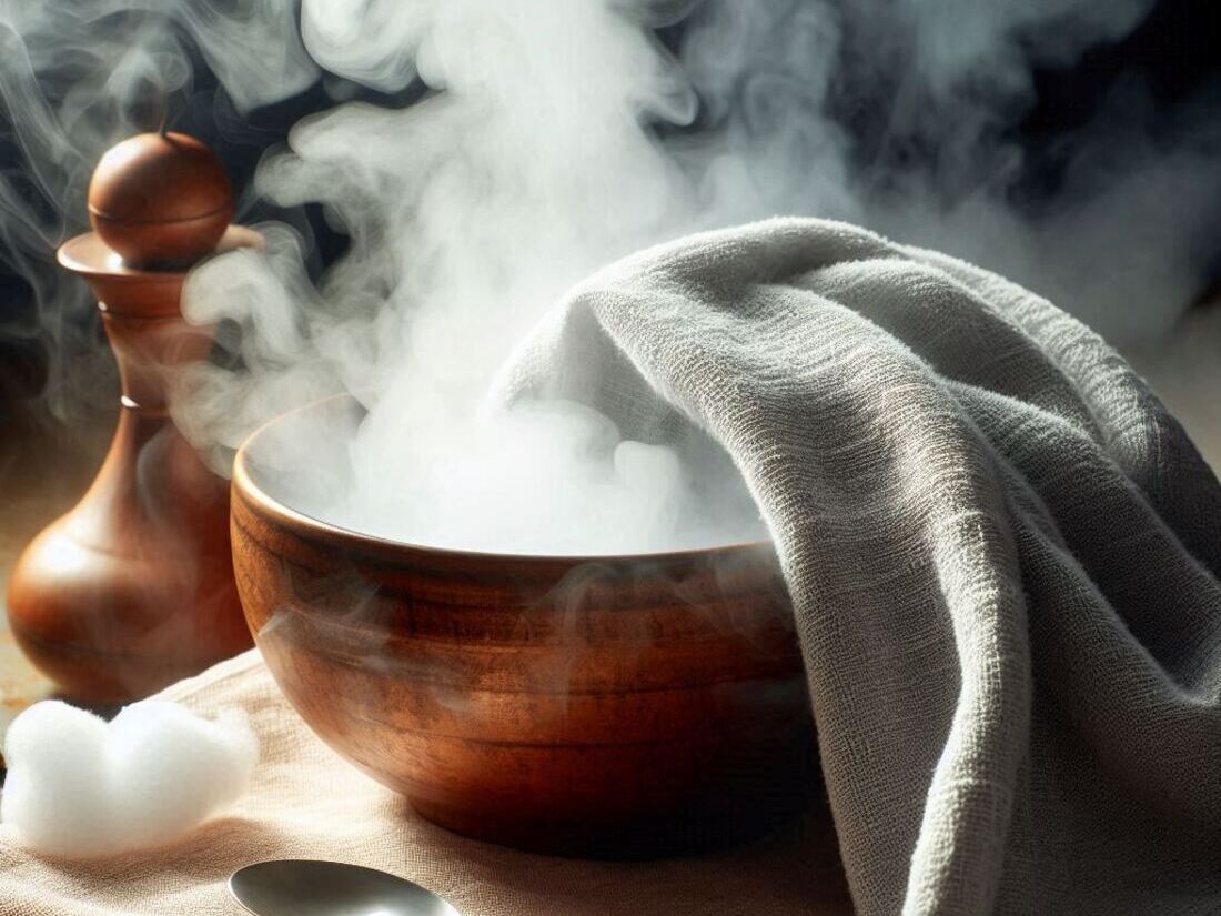 Close-up photo of steam rising from a bowl of hot water with a DIY steam setup