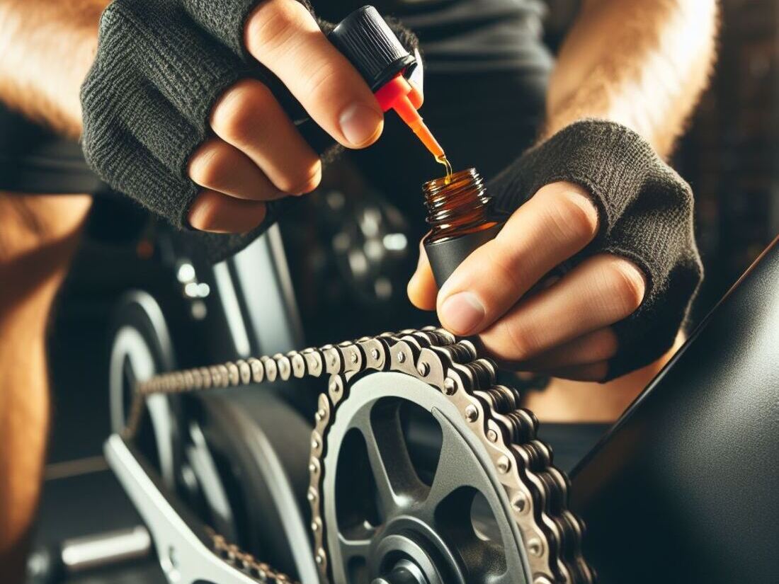 Close-up shot of a person applying lubricant to the chain or belt of an exercise bike