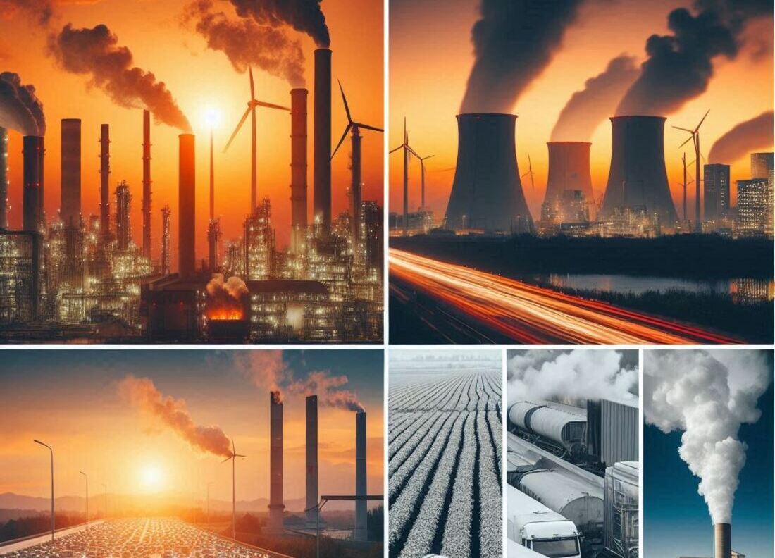 Collage of images representing air pollution sources