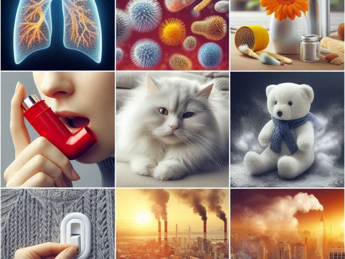 Collage of images representing common asthma triggers pollen, dust mites, pet dander, pollution, cold air