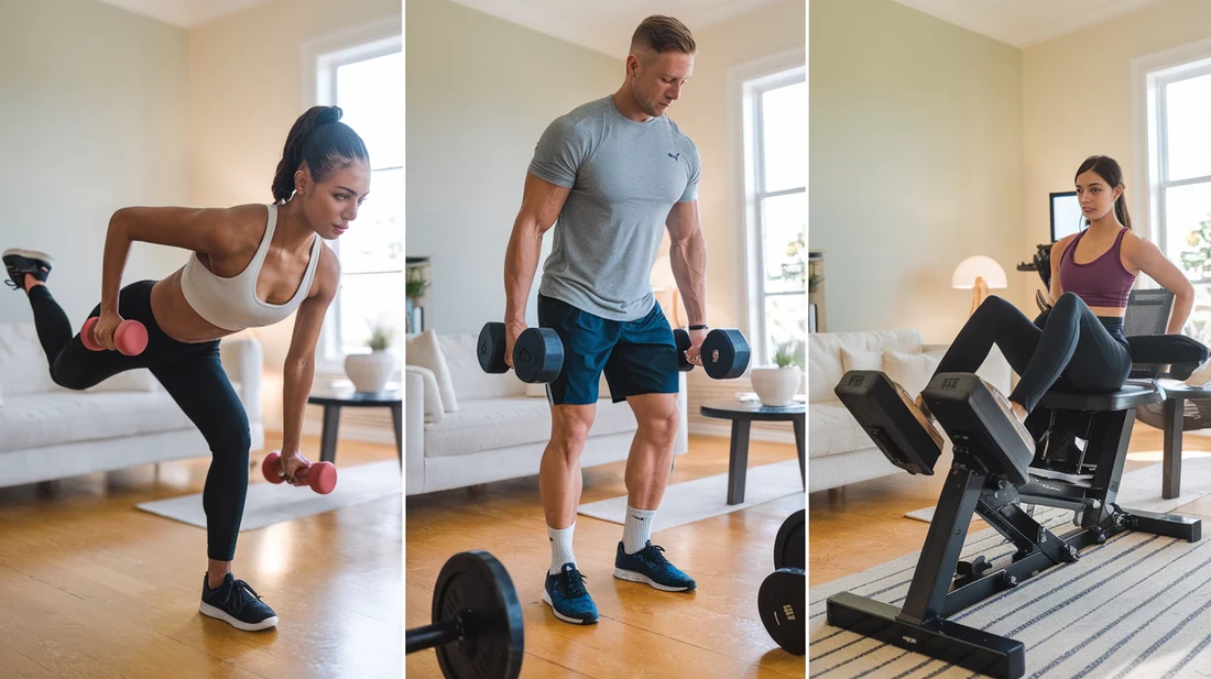 Collage of three images showing people performing beginner, intermediate, and advanced leg exercises at home