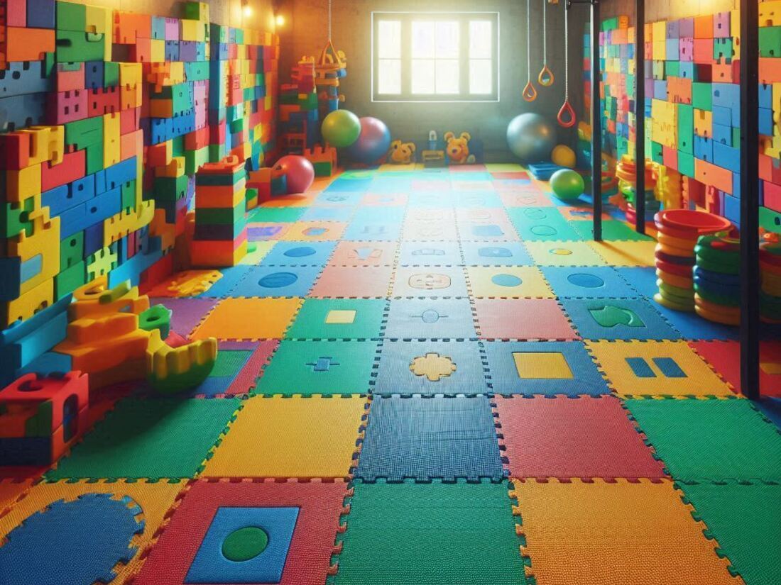 Colorful interlocking foam puzzle mats on a basement floor