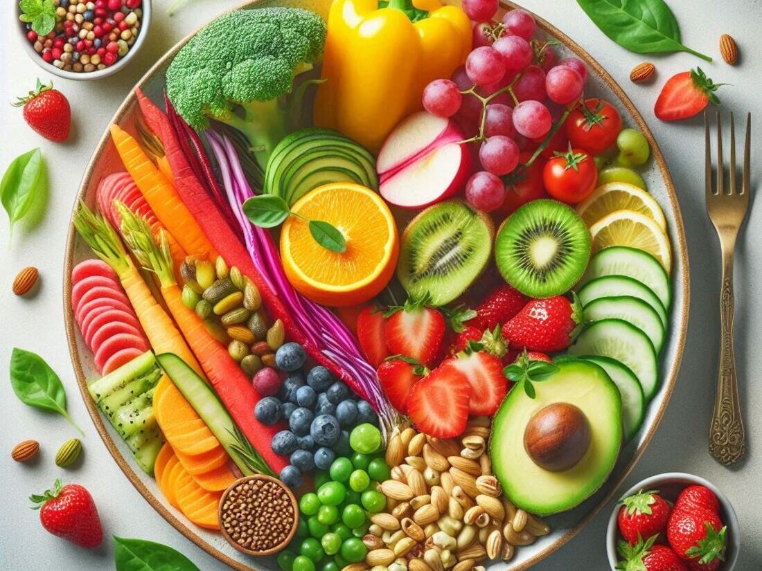 Colorful plate with fruits, vegetables, and whole grains