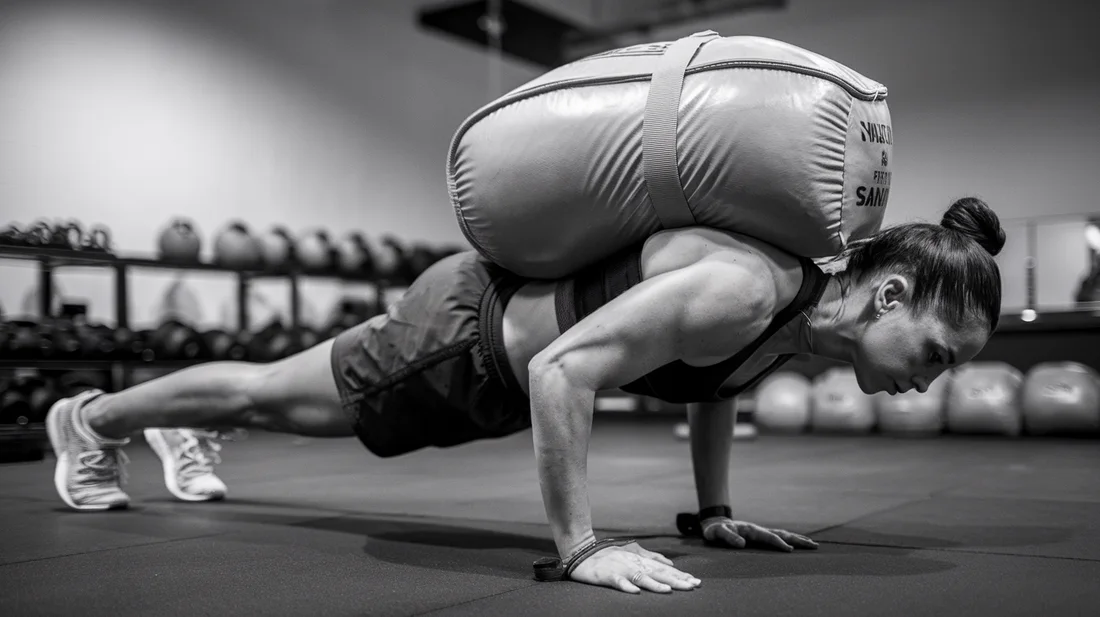 A person performing a sandbag plank, emphasizing the core engagement and stability benefits of sandbag training