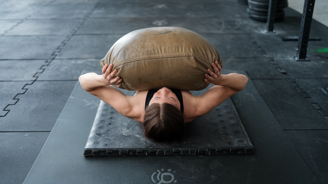 A person performing a sandbag exercise on a thick, durable floor mat