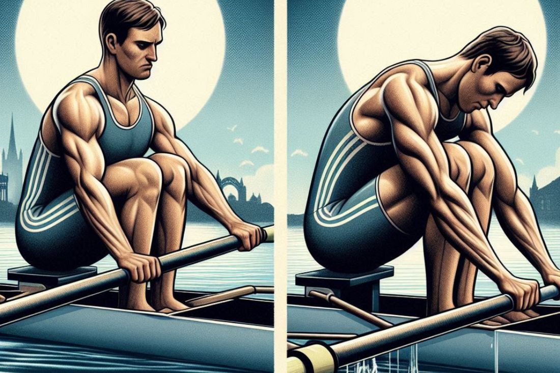 Depicting proper rowing form and another showcasing poor rowing form