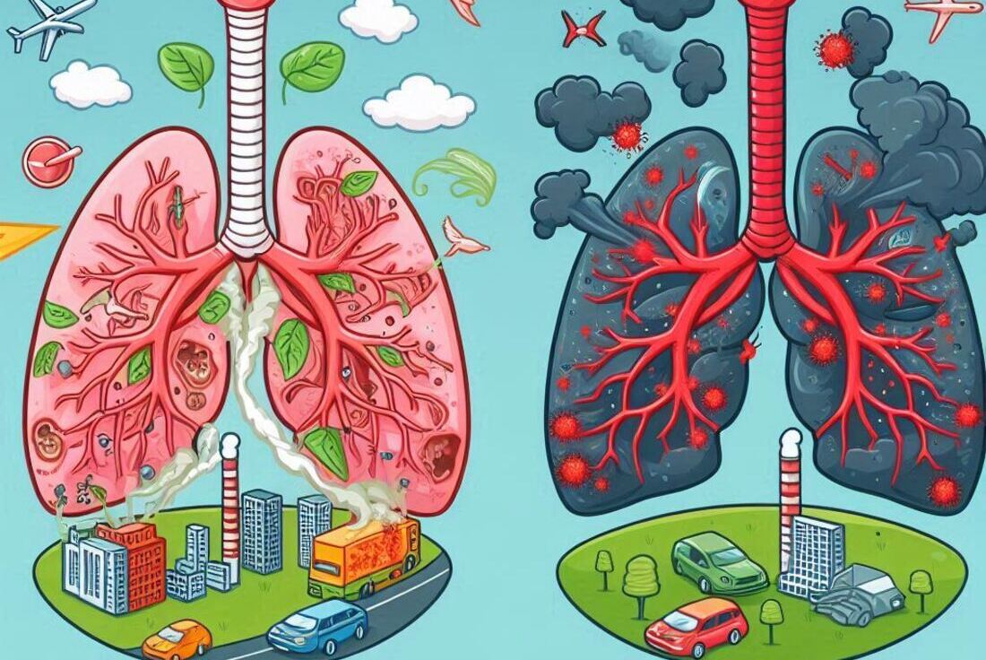 Diagram of healthy lungs vs lungs damaged by air pollution