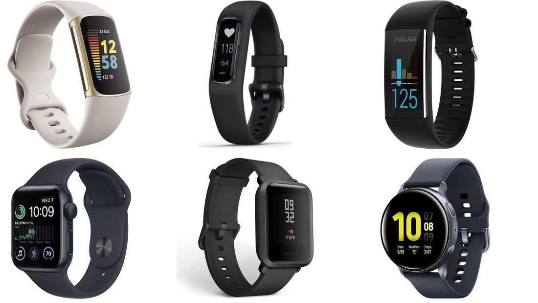 Different activity trackers Fitbit Charge 5, Garmin Vivosmart 4, Polar A370, Apple Watch SE, Amazfit Bip and Samsung Galaxy Watch Active 2