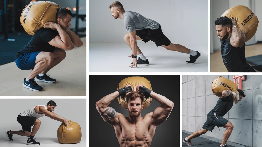 A collage of various sandbag exercises, including squats, lunges, presses, and carries