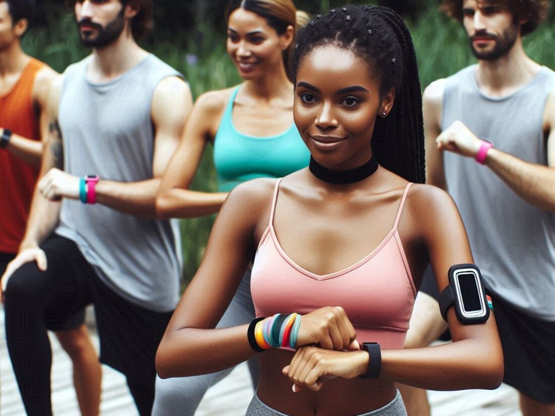 Diverse group of people exercising outdoors wearing activity trackers