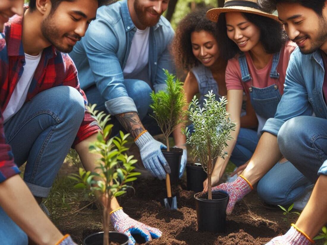 Diverse group planting trees together in a community garden