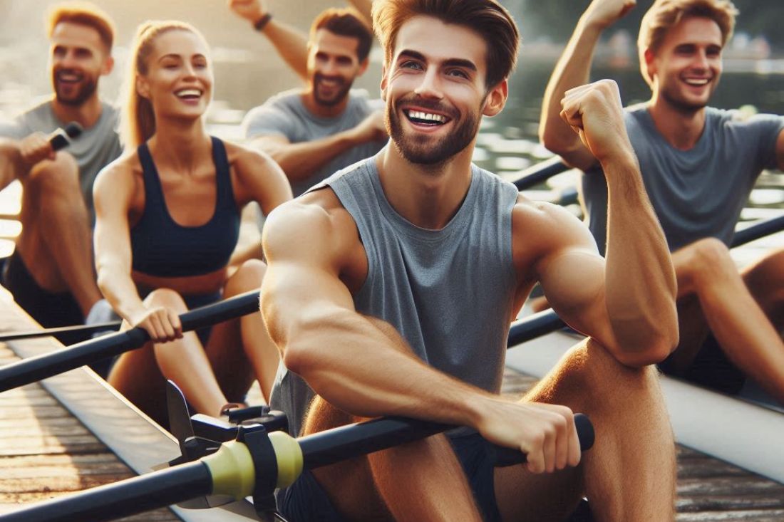 Diverse groups of people rowing or exercising, capturing a positive and dynamic atmosphere