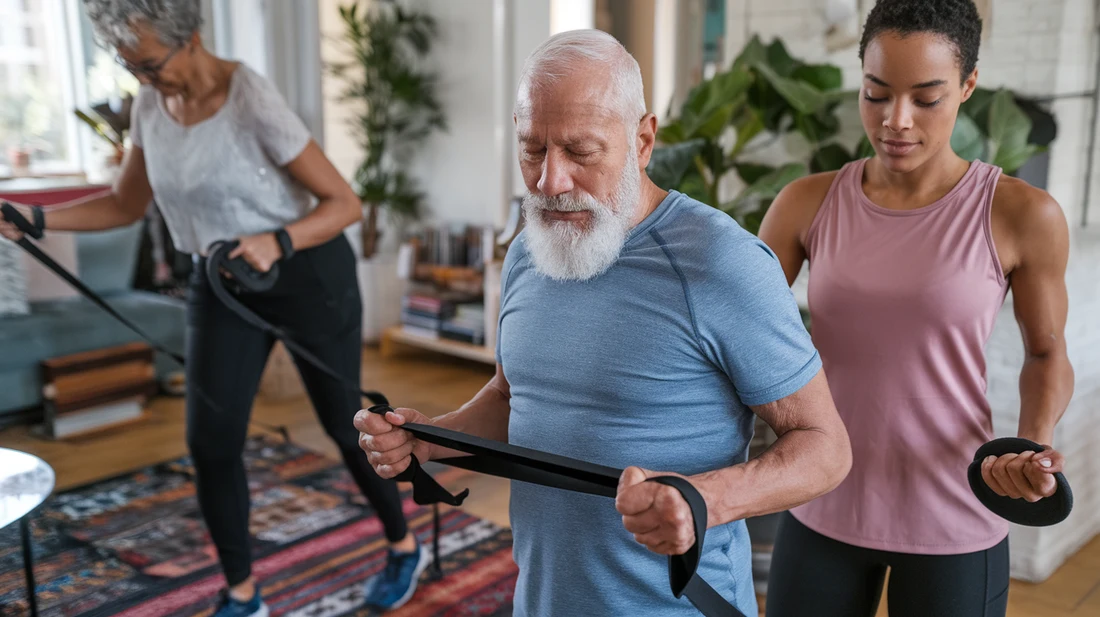 Diverse individuals of varying ages and fitness levels using resistance bands and ankle weights in their home workout routine