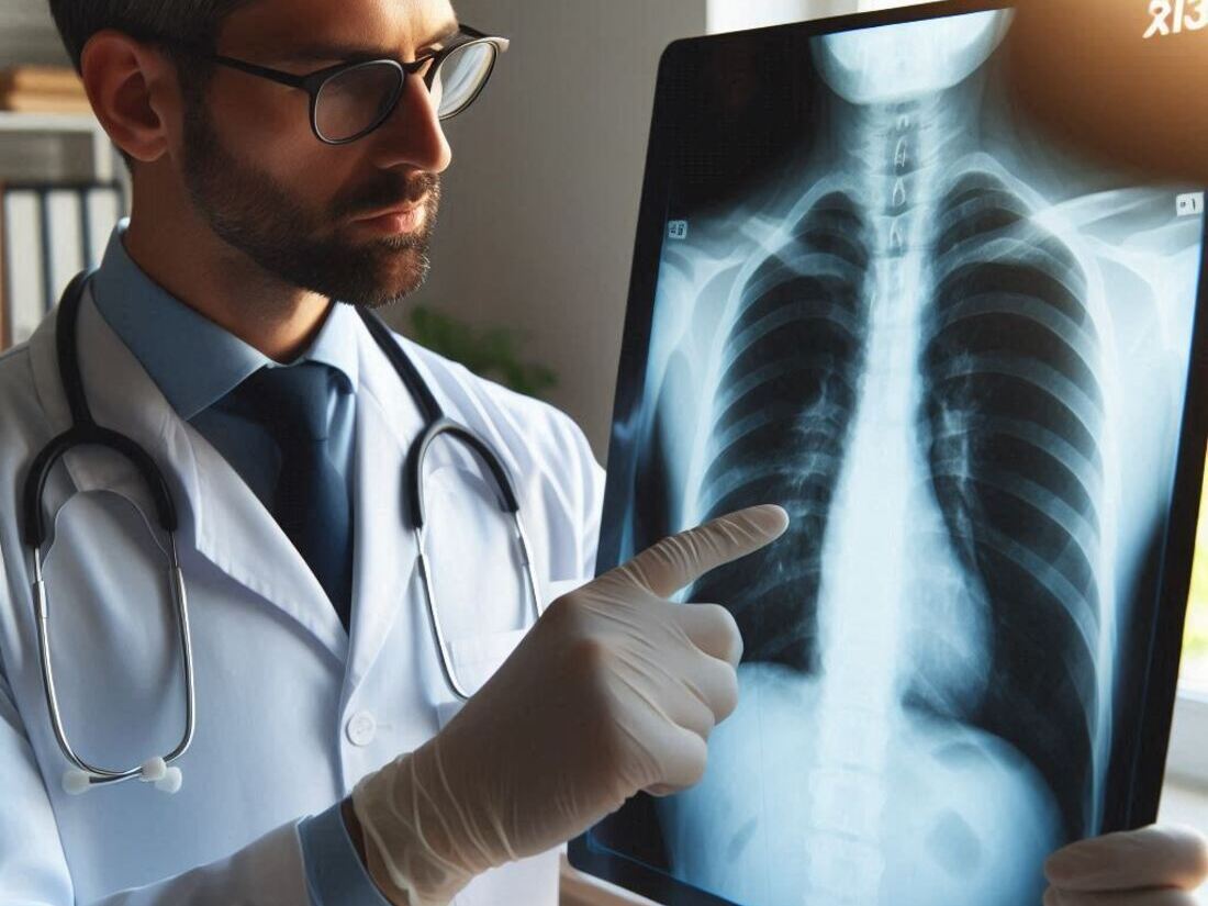 Doctor reviewing a chest X-ray with a patient