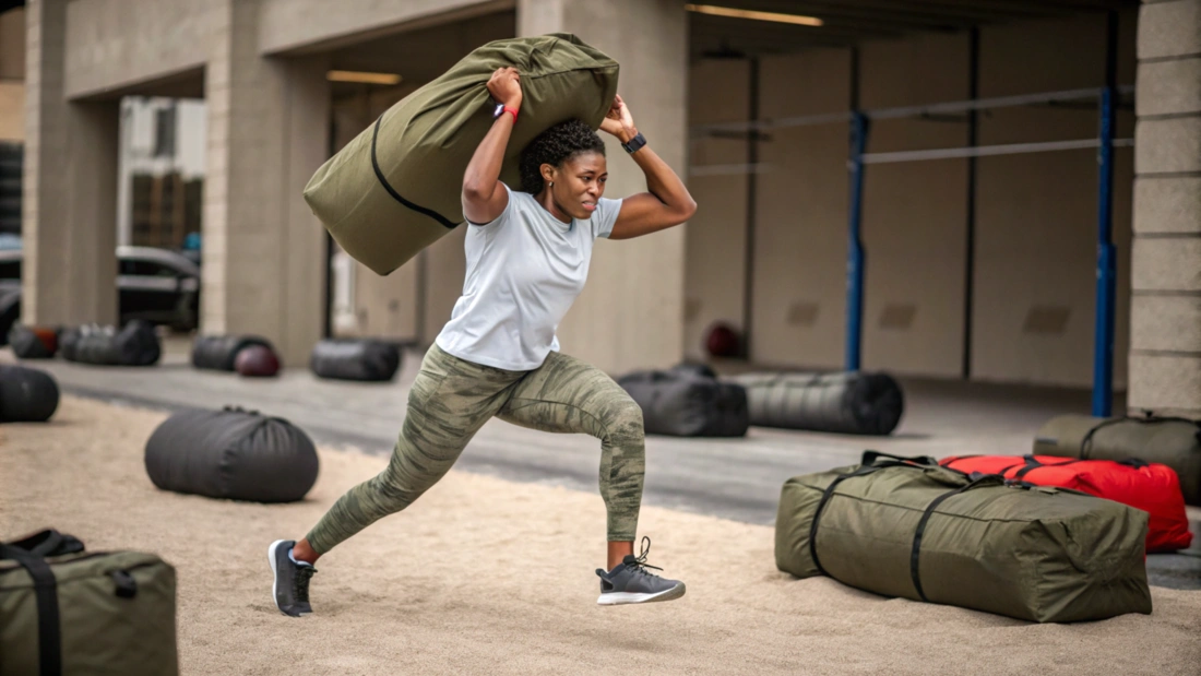 A fit individual performing various sandbag HIIT exercises, including squats, rows and carries, showing the diversity of the movements