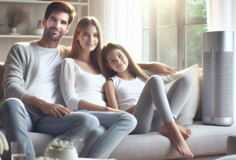 Family relaxing comfortably on a couch in a living room, bathed in soft natural light, with a sleek air purifier in the background