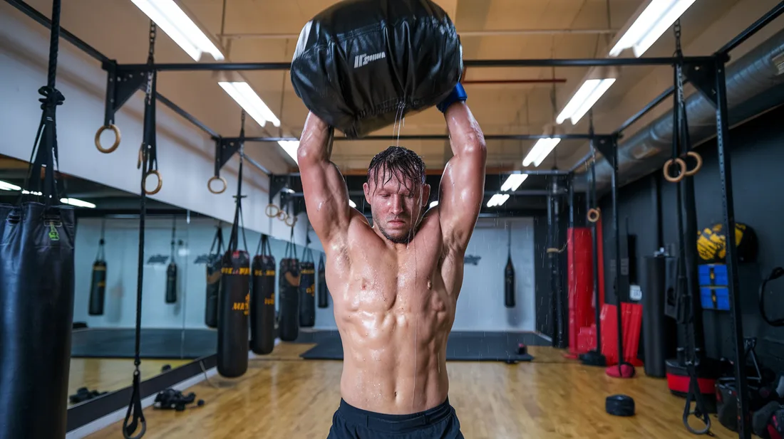 An MMA fighter performing a sandbag clean, demonstrating the full-body engagement from sandbag training