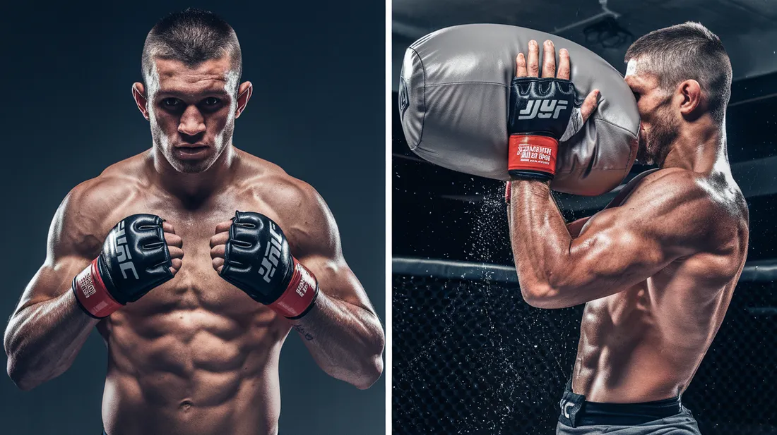 Two photos of a fighter performing a sandbag shoulder exercise, showcasing the grip strength and core stability required for clinch control