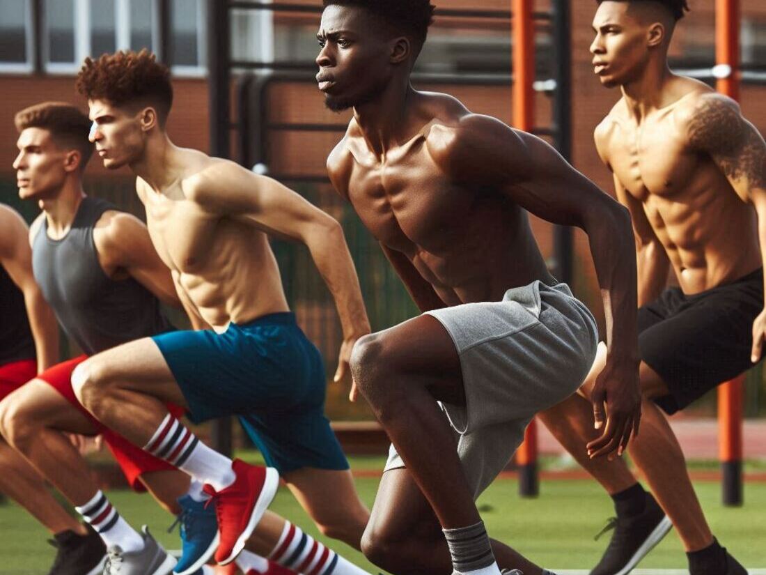 Group of athletes performing various plyometric exercises together