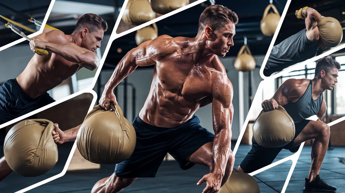 Collage of exercises in a high-intensity interval training (HIIT) workout using a sandbag