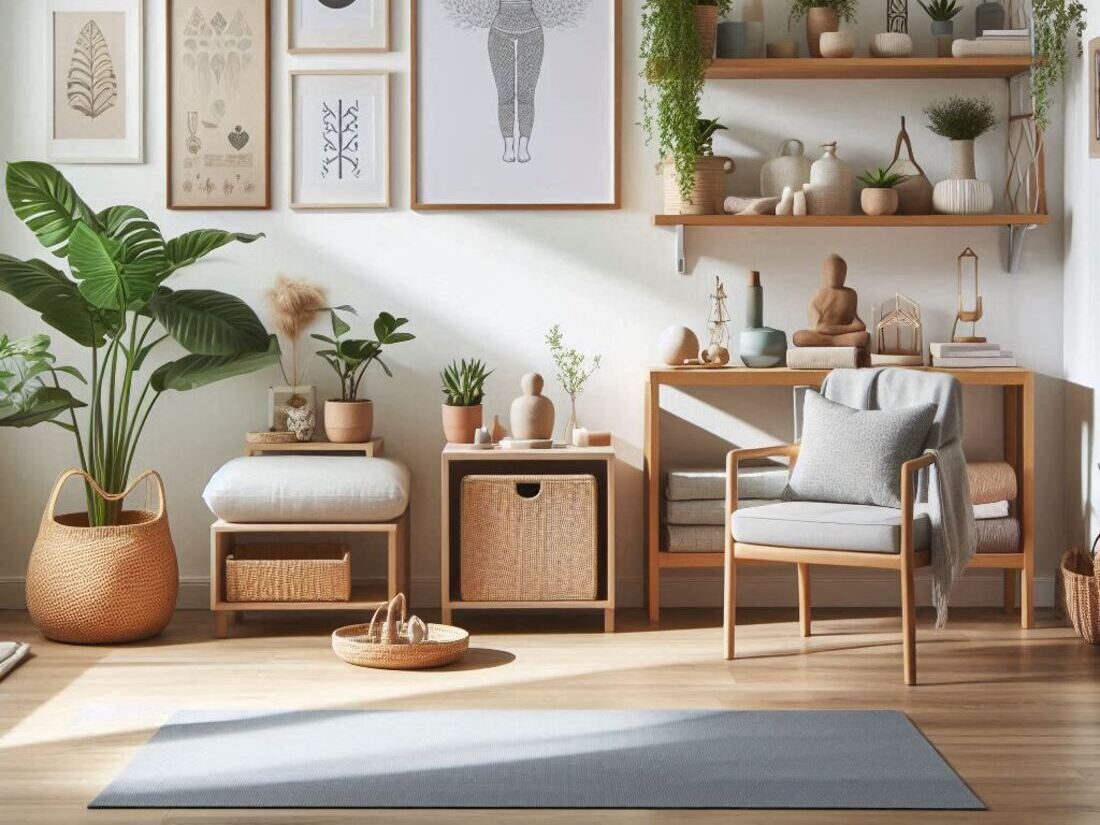 Image of a clean and well-organized home yoga studio with calming elements like plants and natural light