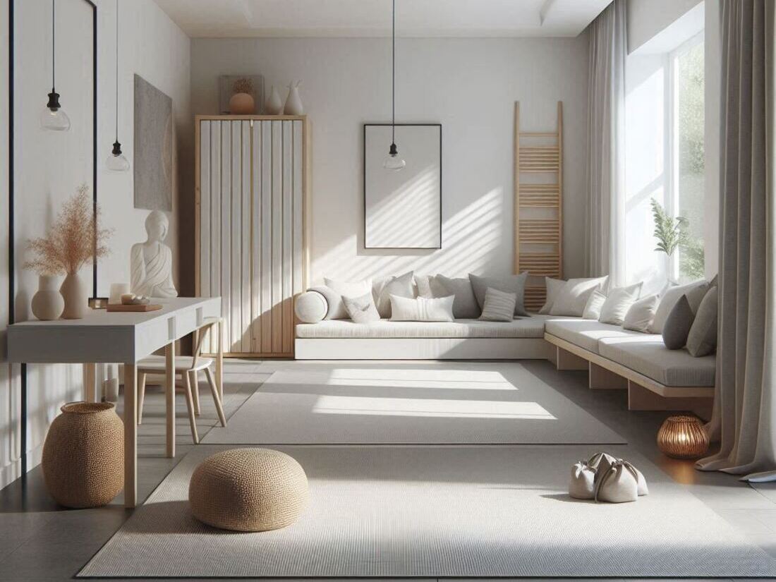 Image of a minimalist home yoga studio with clean lines and neutral colors