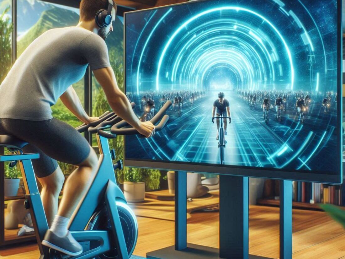 Image of a person participating in a virtual cycling class on an interactive exercise bike