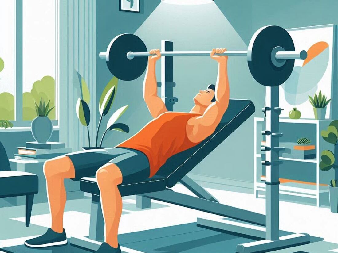 Image of a person performing a bench press exercise on an adjustable weight bench set at an incline position