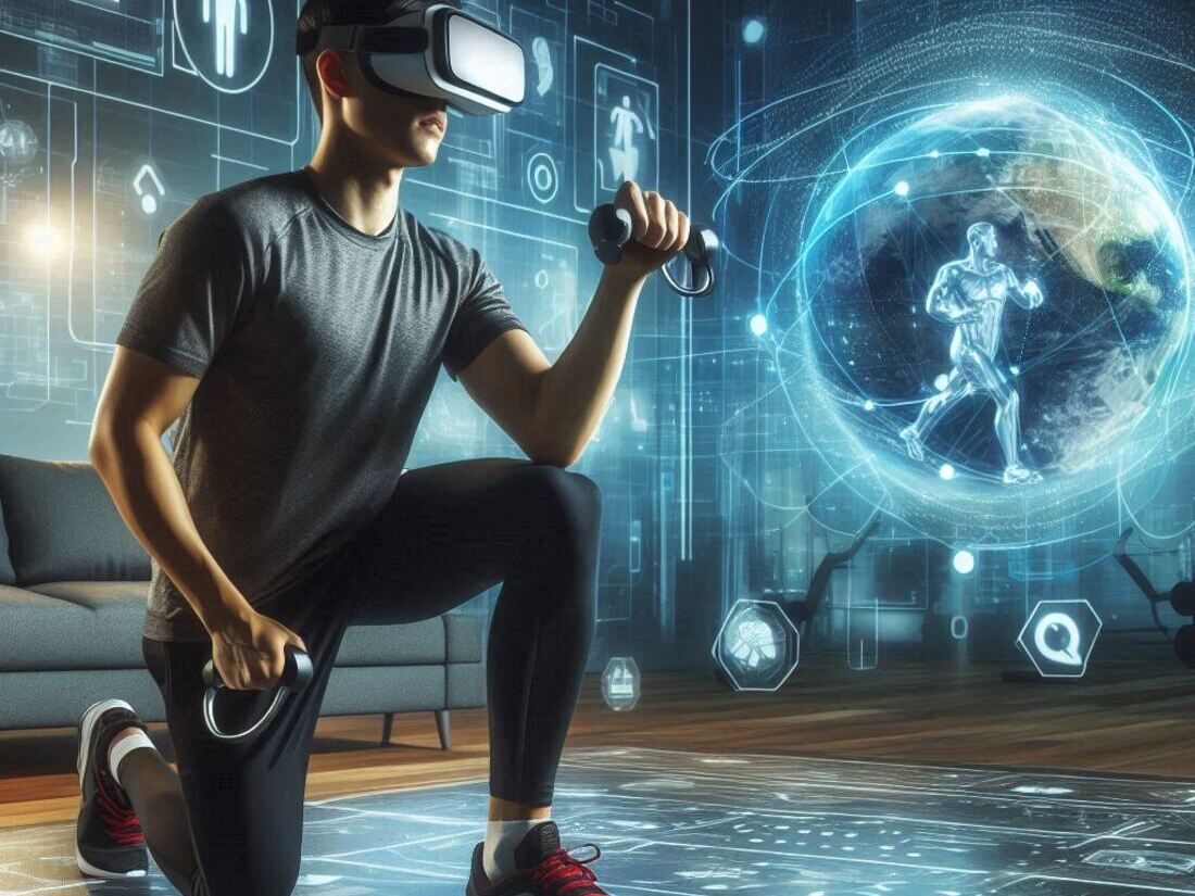 Image of a person wearing a VR headset while interacting with a virtual fitness environment