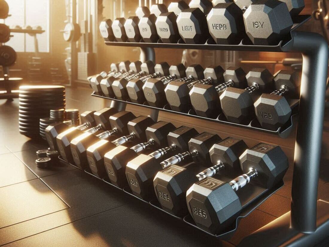 Image of a well-organized dumbbell set with light, medium, and heavy weights