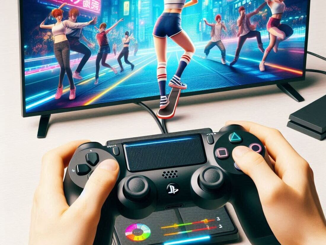 Image of someone using a game console with a fitness peripheral eg dance game