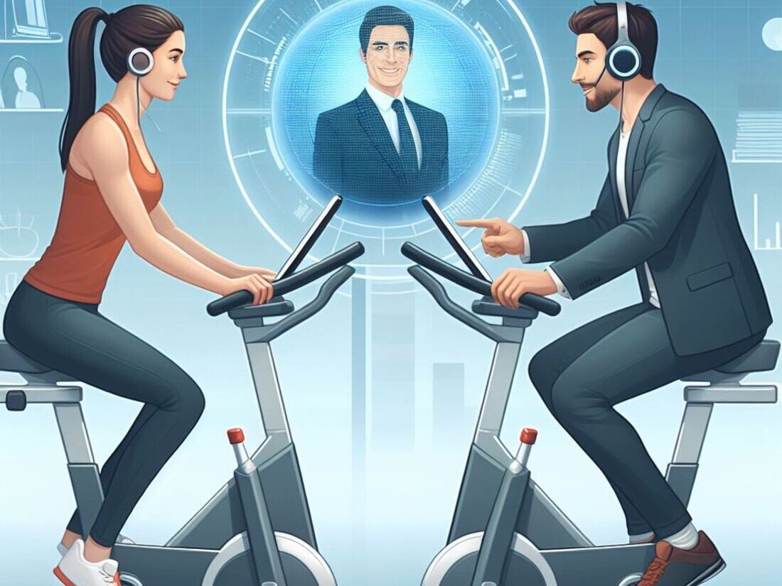 Image of two people virtually connected and riding stationary bikes together