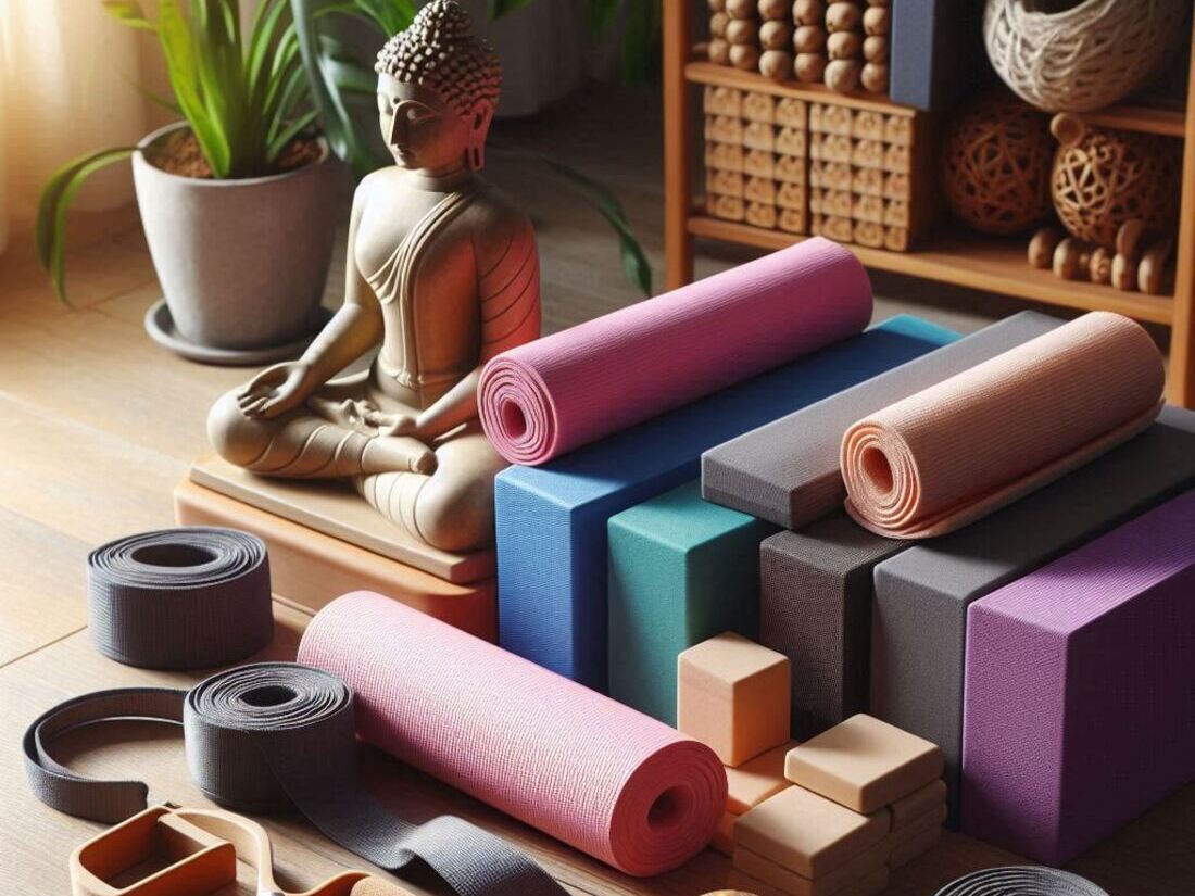 Image of yoga blocks and straps neatly arranged