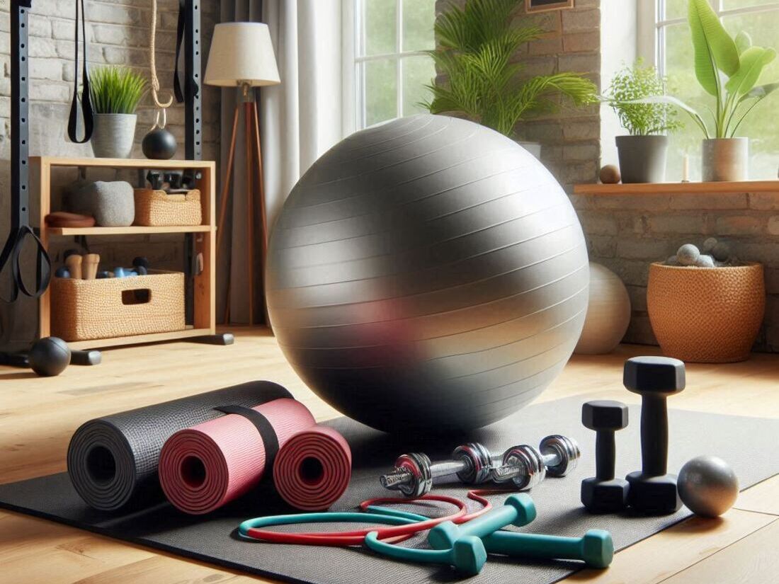 Image showcasing a home gym setup with a stability ball, resistance bands, dumbbells, and yoga mat