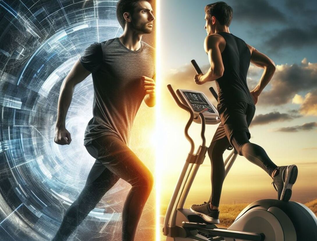 Image showcasing a runner and an elliptical machine side-by-side