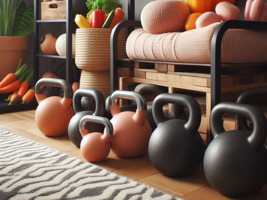 Image showcasing proper kettlebell storage in a home gym setting