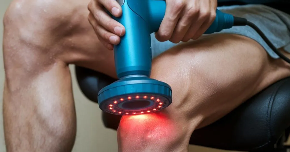 Image showcasing someone using a massage device on a sore muscle area after a workout