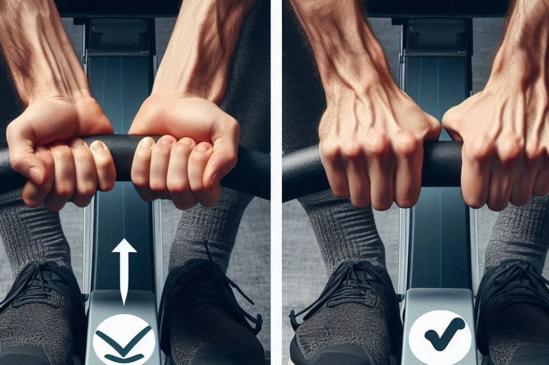 Images of a person with incorrect tense grip vs correct hand grip fingers comfortably around the handle with thumb underneath while using a rowing machine