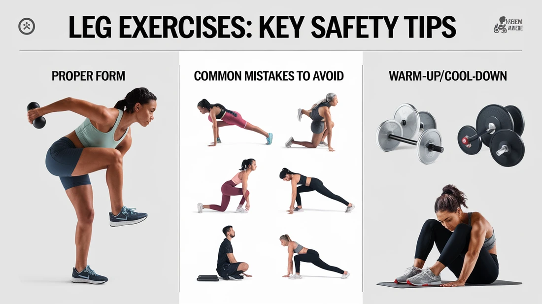 Infographic displaying key safety tips for leg exercises, including proper form, common mistakes to avoid, and importance of warm-up cool-down