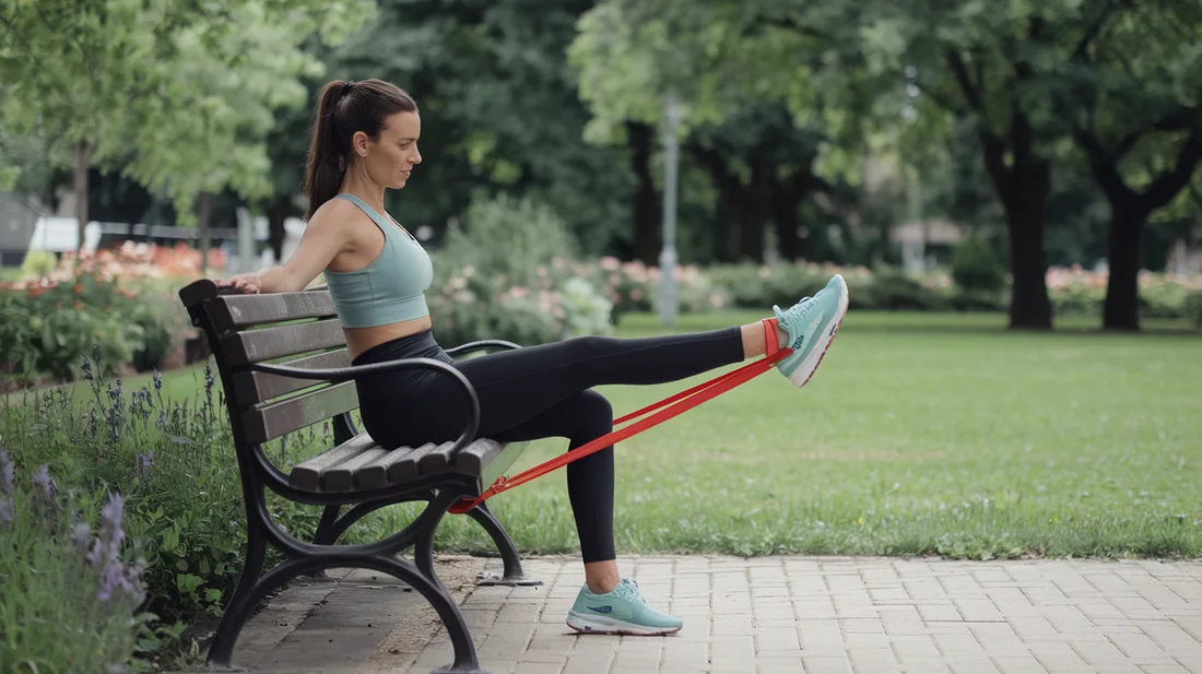 A woman isolates her quadriceps by performing seated leg extensions with a resistance band