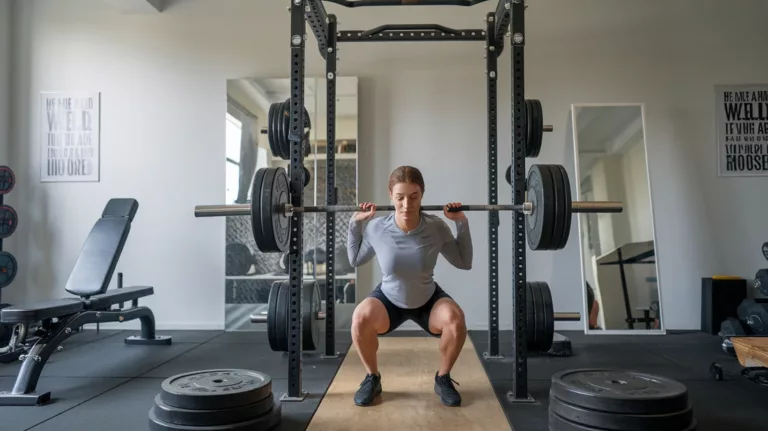 A person performing a squat in their home gym