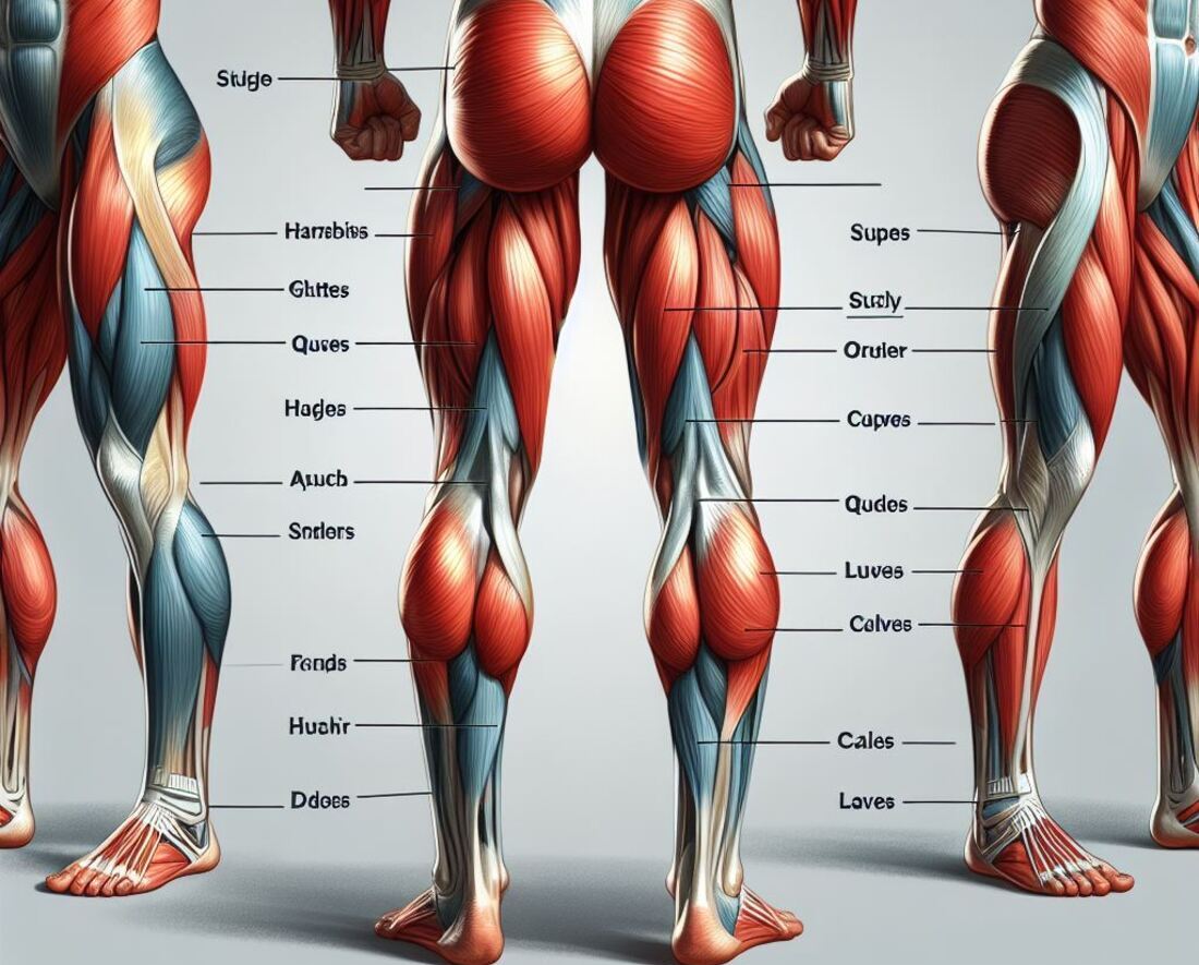 Lower body muscle groups highlighting glutes, hamstrings, quads, and calves