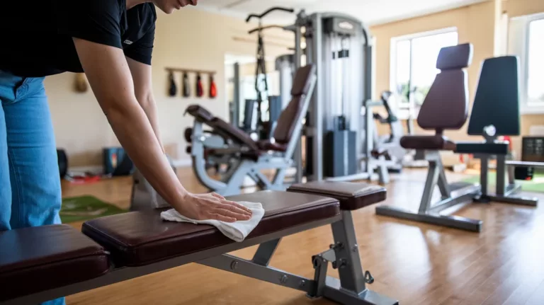 A person cleaning home gym equipment