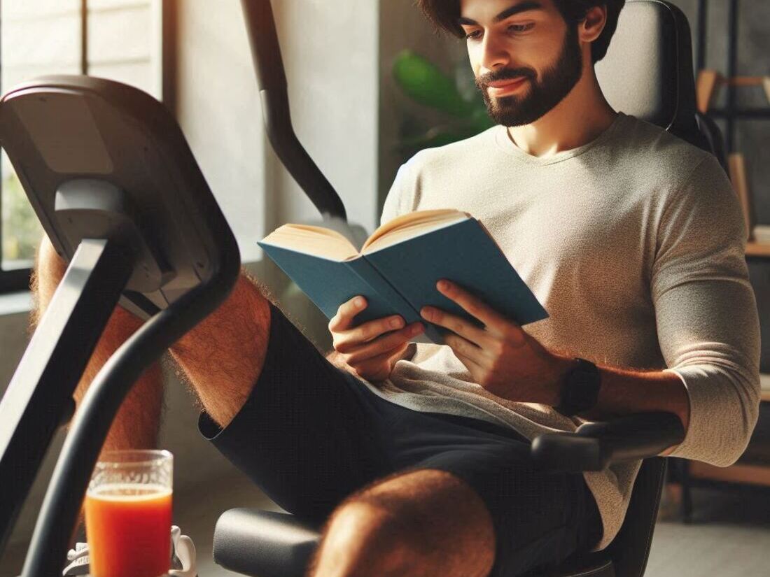 Man relaxing on a recumbent bike during a low-impact workout