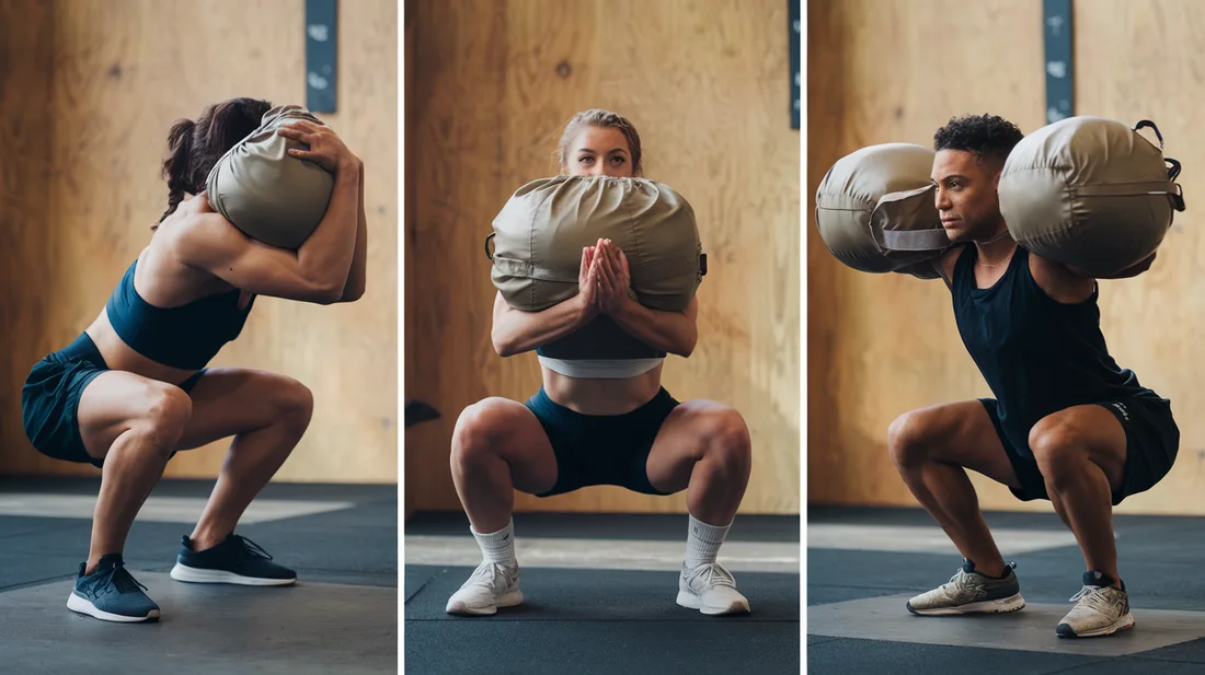  Sandbag squat progressions: Bear Hug, Front Loaded, and Shoulder Squat variations