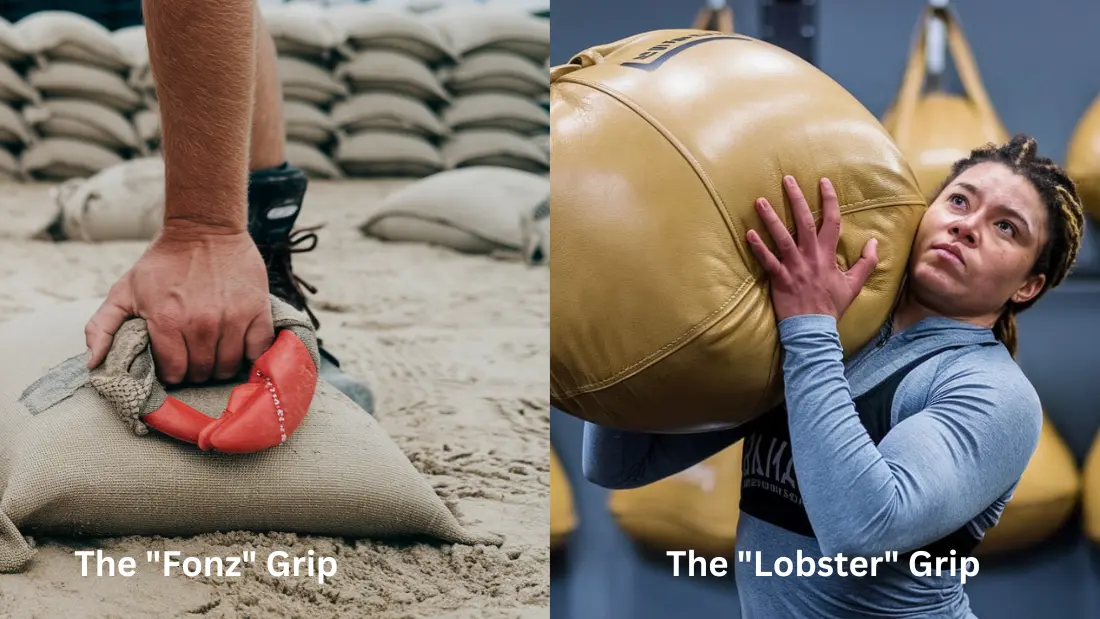 Different hand positions for gripping a sandbag during exercise