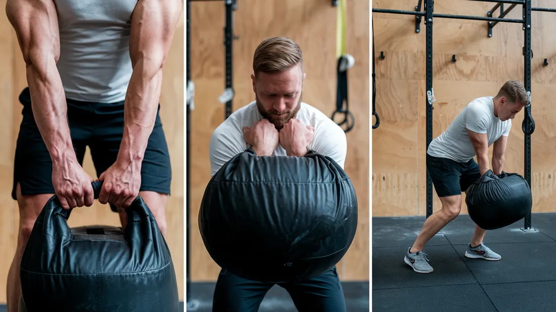 Sandbag clean form, incorrect vs correct grip and body positioning